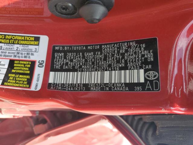 2T1BURHE2GC714116 - 2016 TOYOTA COROLLA L RED photo 12