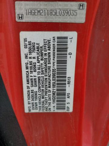 1HGEM21185L039035 - 2005 HONDA CIVIC DX VP Kırmızı fotoğraf 12
