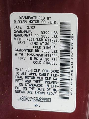 JN8DR09Y23W829903 - 2003 NISSAN PATHFINDER LE 勃艮第红 照片 12