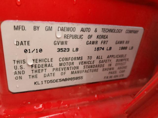 KL1TD5DE5AB085855 - 2010 CHEVROLET AVEO LS Czerwony zdjęcie 12