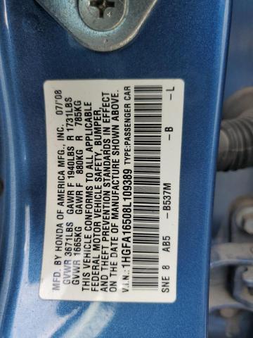 1HGFA16508L109389 - 2008 HONDA CIVIC LX BLUE photo 12