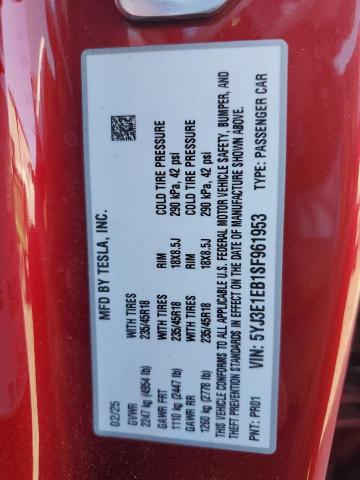 5YJ3E1EB1SF961953 - 2025 TESLA MODEL 3 红色 照片 12