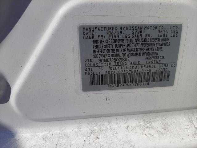 3N1AB7AP6KY208348 - 2019 NISSAN SENTRA S WHITE photo 12