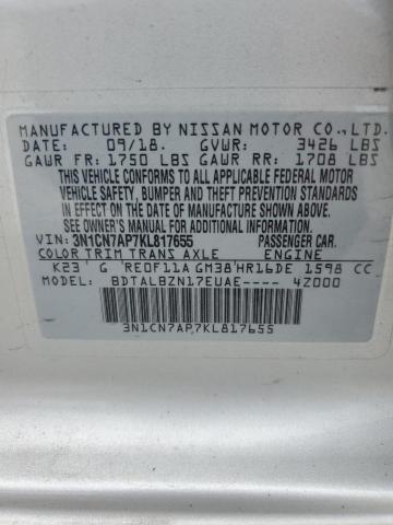 3N1CN7AP7KL817655 - 2019 NISSAN VERSA S Silber Foto 12