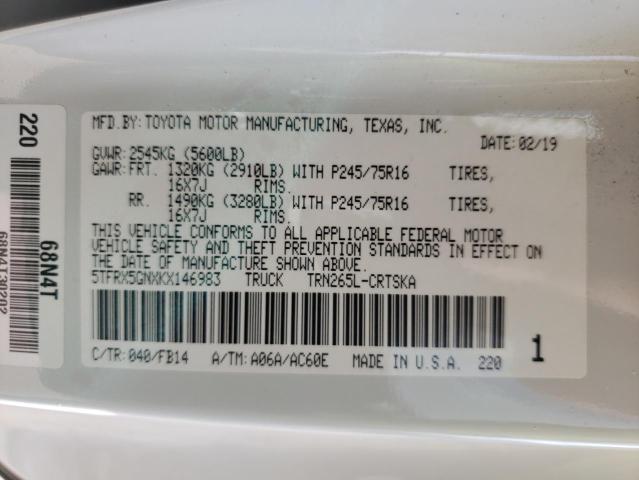 5TFRX5GNXKX146983 - 2019 TOYOTA TACOMA ACCESS CAB თეთრი ფოტო 12