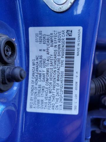 2HGFC2F82LH570500 - 2020 HONDA CIVIC SPORT 蓝色 照片 12