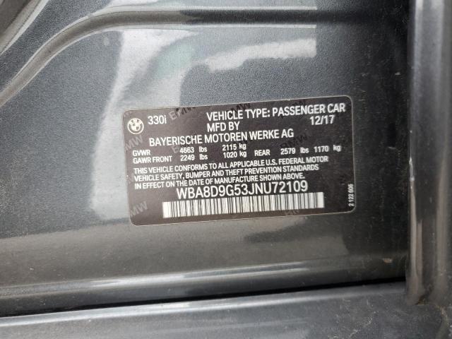 WBA8D9G53JNU72109 - 2018 BMW 330 XI GRAY photo 12