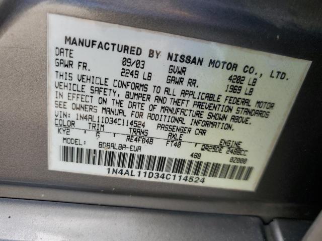 1N4AL11D34C114524 - 2004 NISSAN ALTIMA BASE 金色 照片 12