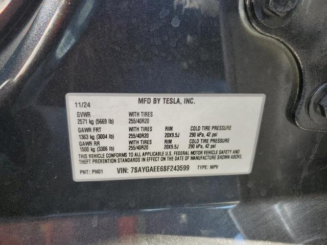 7SAYGAEE6SF243599 - 2025 TESLA MODEL Y GRAY photo 12