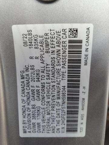 2HGFE2F57NH598344 - 2022 HONDA CIVIC SPORT SILVER photo 12