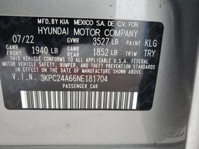 3KPC24A66NE181704 - 2022 HYUNDAI ACCENT SE GRAY photo 13