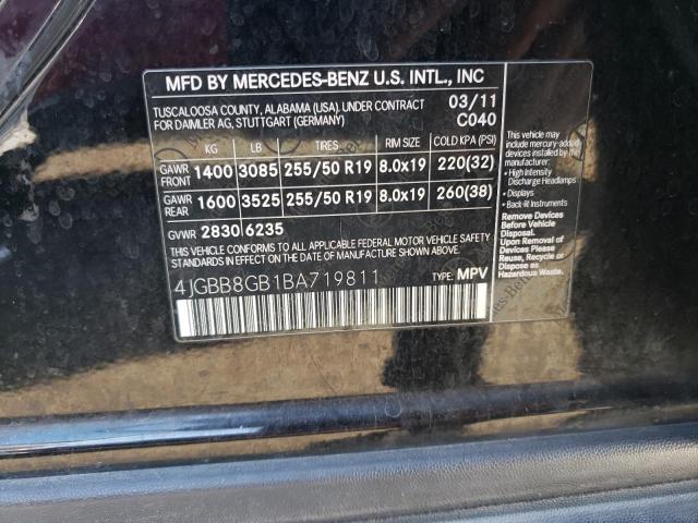 4JGBB8GB1BA719811 - 2011 MERCEDES-BENZ ML 350 4MATIC BLACK photo 13