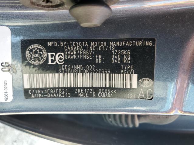 2T1BURHE0KC227666 - 2019 TOYOTA COROLLA L CHARCOAL photo 12