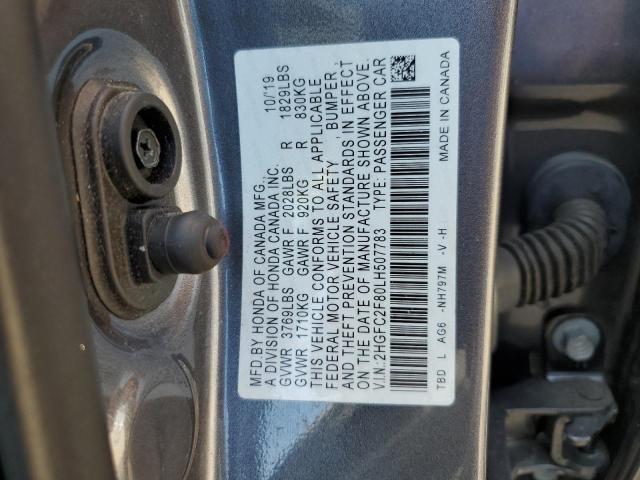 2HGFC2F80LH507783 - 2020 HONDA CIVIC SPORT GRAY photo 12