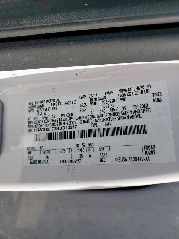 1FMCU0F72HUD10317 - 2017 FORD ESCAPE S 白色 照片 14