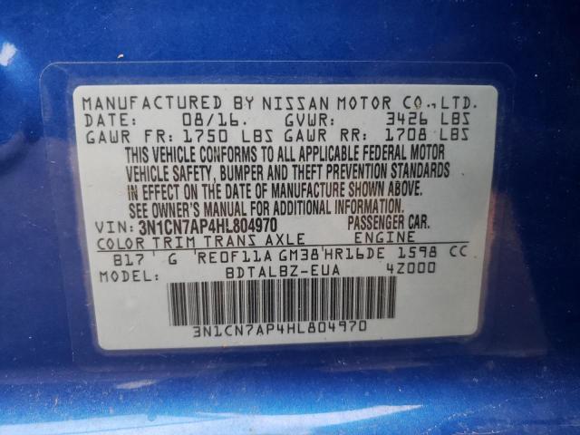 3N1CN7AP4HL804970 - 2017 NISSAN VERSA S BLUE photo 12