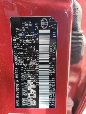 2T1BURHE8KC189989 - 2019 TOYOTA COROLLA L Қызыл фото 13