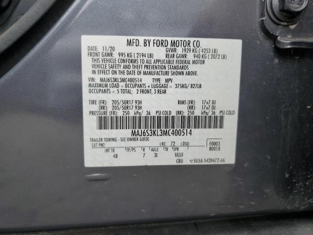 MAJ6S3KL3MC400514 - 2021 FORD ECOSPORT TITANIUM GRAY photo 12