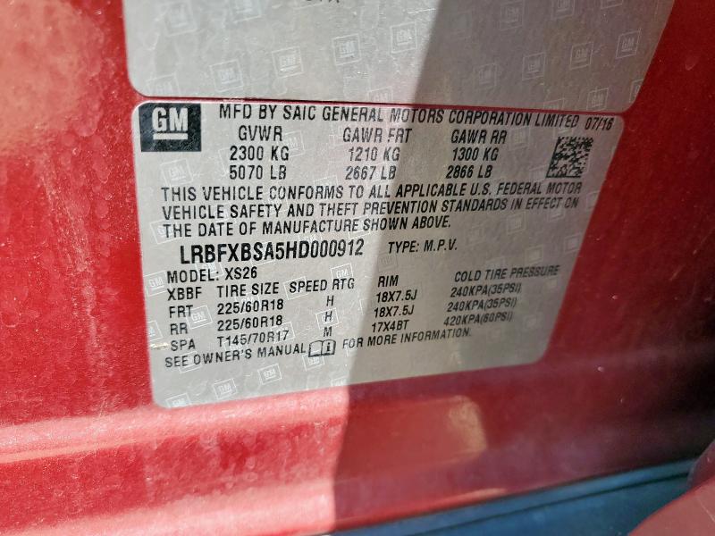 LRBFXBSA5HD000912 - 2017 BUICK ENVISION ESSENCE Бордовий фото 12