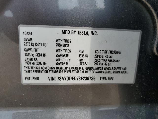 7SAYGDED7SF230739 - 2025 TESLA MODEL Y GRAY photo 13