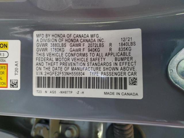 2HGFE2F53NH556804 - 2022 HONDA CIVIC SPORT GRAY photo 12