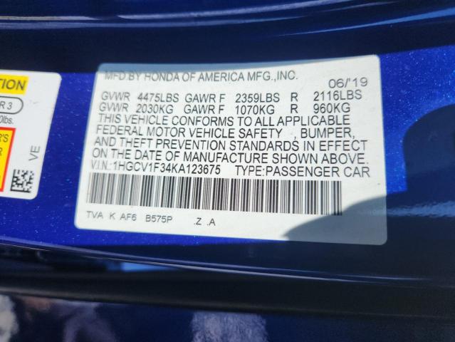 1HGCV1F34KA123675 - 2019 HONDA ACCORD SPORT Niebieski zdjęcie 12