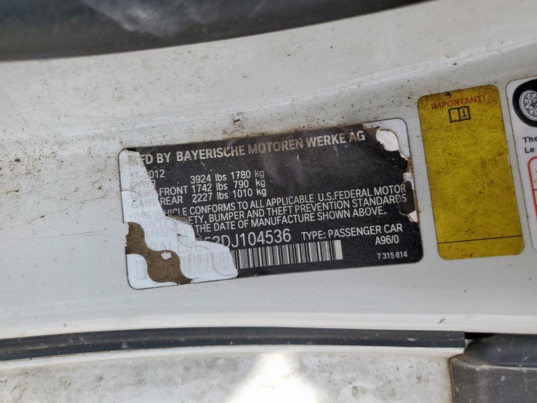 WBALL5C53DJ104536 - 2013 BMW Z4 SDRIVE28I WHITE photo 12