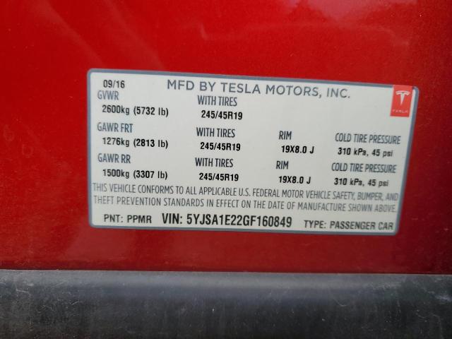 5YJSA1E22GF160849 - 2016 TESLA MODEL S Կարմիր լուսանկար 12