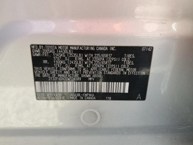 2T3ZF4DV2CW134589 - 2012 TOYOTA RAV4 SILVER photo 12
