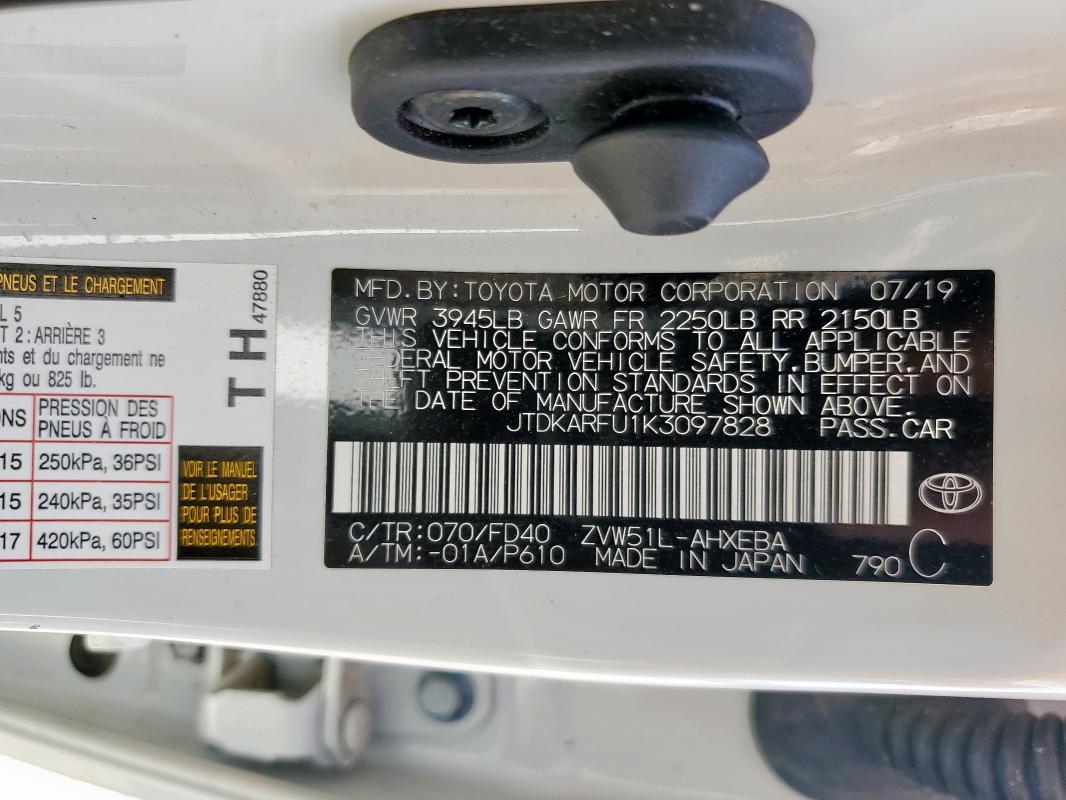JTDKARFU1K3097828 - 2019 TOYOTA PRIUS Beyaz fotoğraf 12