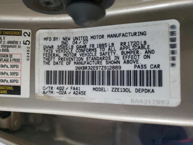 1NXBR32E97Z912889 - 2007 TOYOTA COROLLA CE ოქროსფერი ფოტო 12