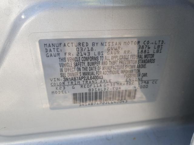 3N1AB7AP2JL640043 - 2018 NISSAN SENTRA S 银色 照片 12