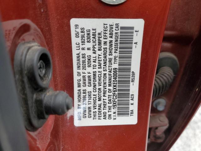 19XFC2F6XKE040069 - 2019 HONDA CIVIC LX ბურგუნდია ფოტო 12