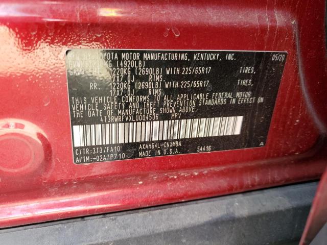 4T3RWRFVXLU004506 - 2020 TOYOTA RAV4 XLE RED photo 13
