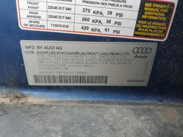 WAUKF78P39A019986 - 2009 AUDI A3 2.0T QUATTRO BLUE photo 12