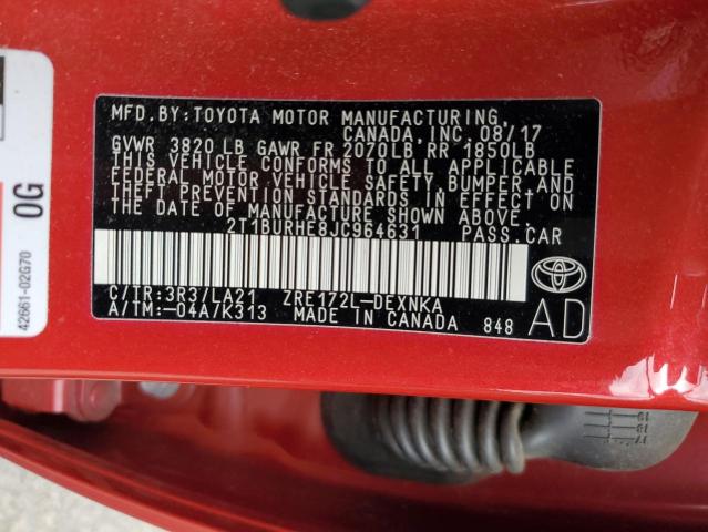 2T1BURHE8JC964631 - 2018 TOYOTA COROLLA L 红色 照片 12