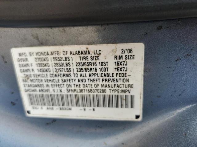 5FNRL38716B070280 - 2006 HONDA ODYSSEY EXL BLUE photo 13