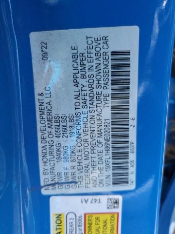 19XFL1H86NE020821 - 2022 HONDA CIVIC SPORT TOURING ლურჯი ფოტო 12