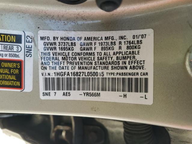 1HGFA16827L050015 - 2007 HONDA CIVIC EX TAN photo 12