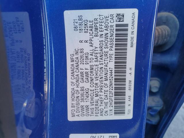 2HGFE2F22NH524447 - 2022 HONDA CIVIC LX BLUE photo 13