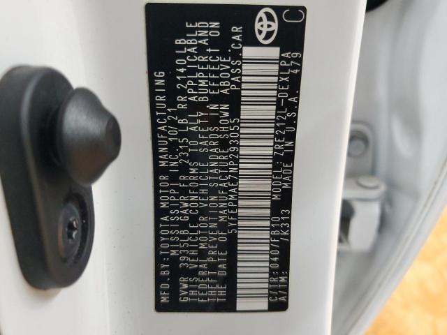 5YFEPMAE7NP293055 - 2022 TOYOTA COROLLA LE Weiß Foto 12