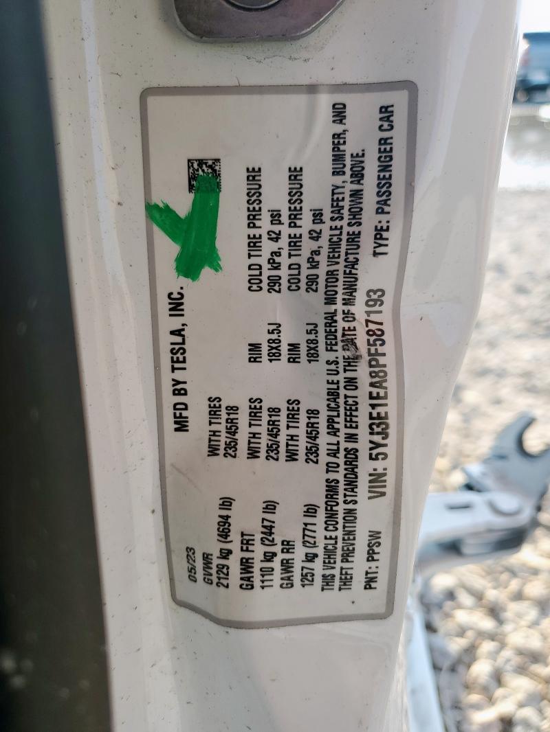 5YJ3E1EA8PF587193 - 2023 TESLA MODEL 3 Ağ foto 14