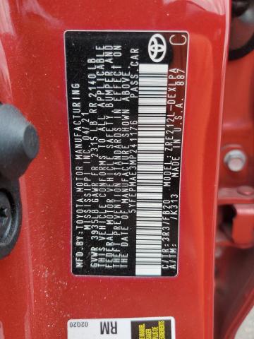 5YFEPMAE3MP241176 - 2021 TOYOTA COROLLA LE RED photo 12