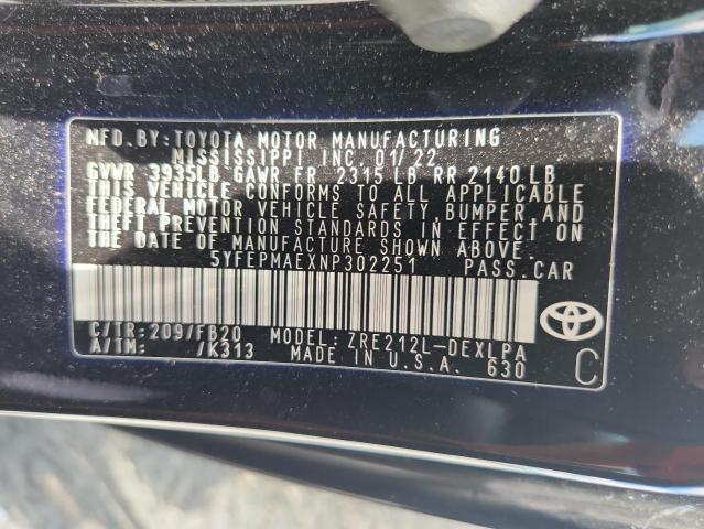 5YFEPMAEXNP302251 - 2022 TOYOTA COROLLA LE BLACK photo 13