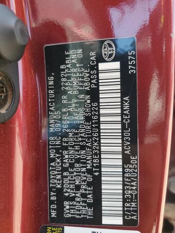 4T1BE32K26U116226 - 2006 TOYOTA CAMRY LE RED photo 12