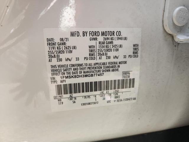 1FMSK8DH3MGB77457 - 2021 FORD EXPLORER XLT WHITE photo 14