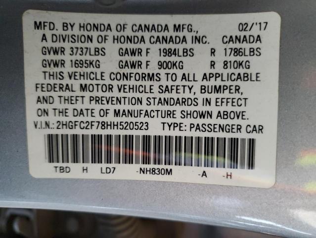 2HGFC2F78HH520523 - 2017 HONDA CIVIC EX SILVER photo 12
