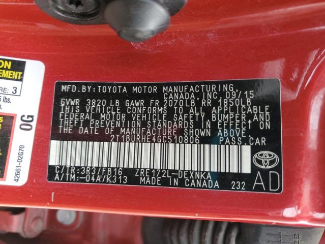 2T1BURHE4GC510806 - 2016 TOYOTA COROLLA L წითელი ფოტო 12