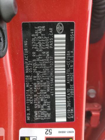 4T1T11AK2MU470217 - 2021 TOYOTA CAMRY SE 红色 照片 13
