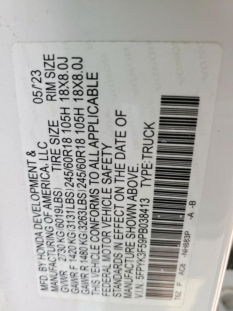 5FPYK3F59PB038413 - 2023 HONDA RIDGELINE RTL WHITE photo 12